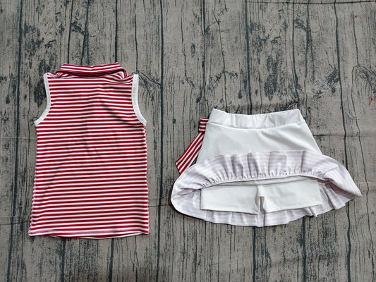 Baby Girls Dark Red Stripe Button Collar Top Ruffle Skirt Shorts Yoga Active Clothes Sets Preorder