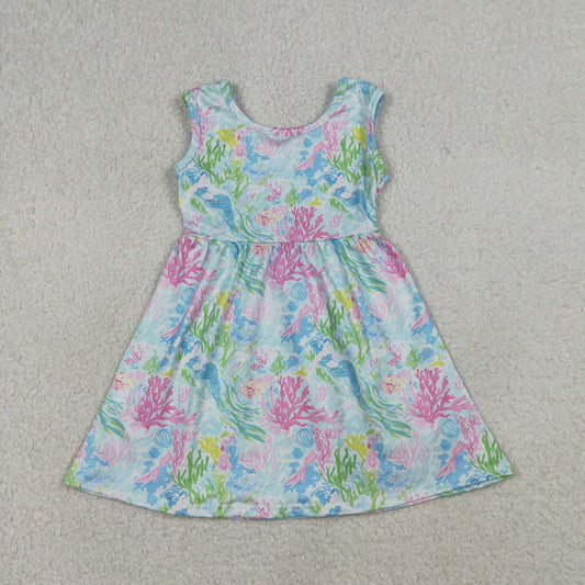 Sibling Baby Girls Sleeveless Colorful Sea Plants Knee Length Dress Rompers