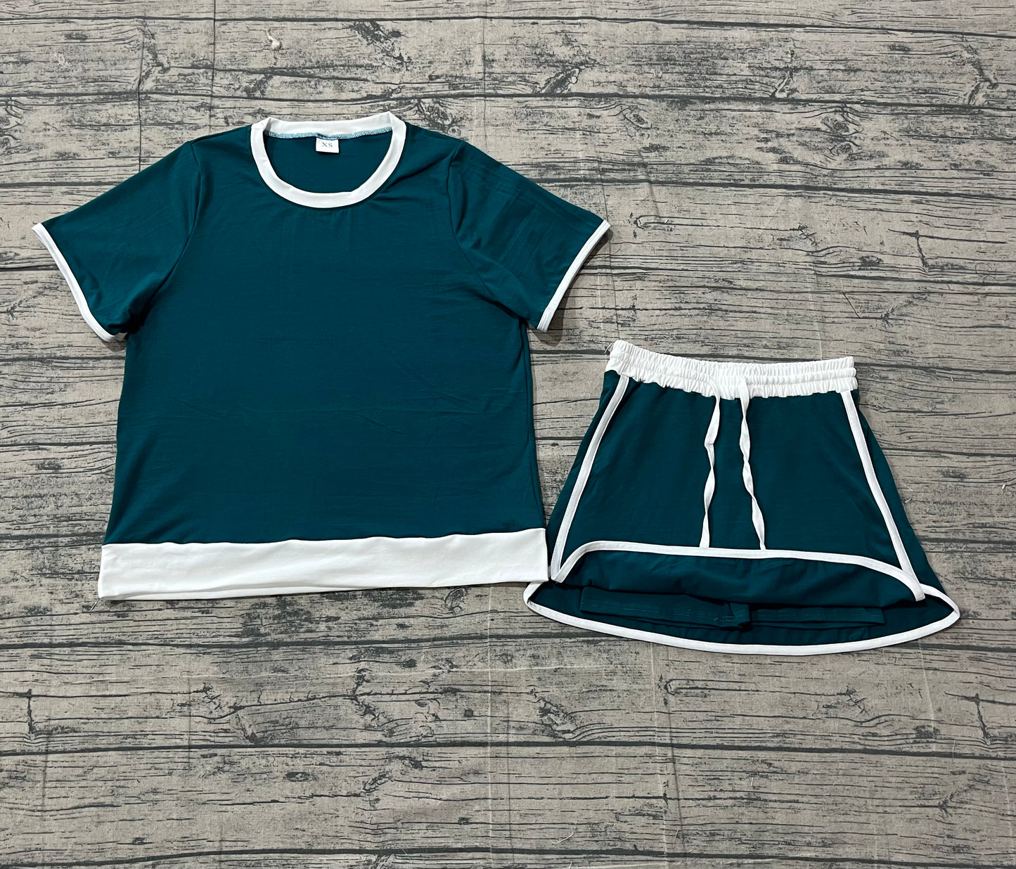 Adult Women Dark Green Short Sleeve Top Skirt Shorts Cotton Clothes Set