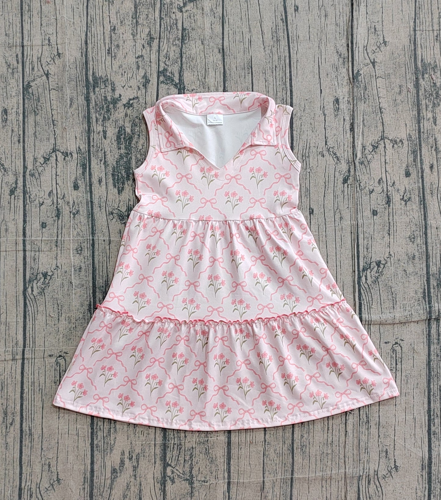 Baby Girls Sleeveless Pink Bow Flowers Checked Patchwork Knee Length Dress