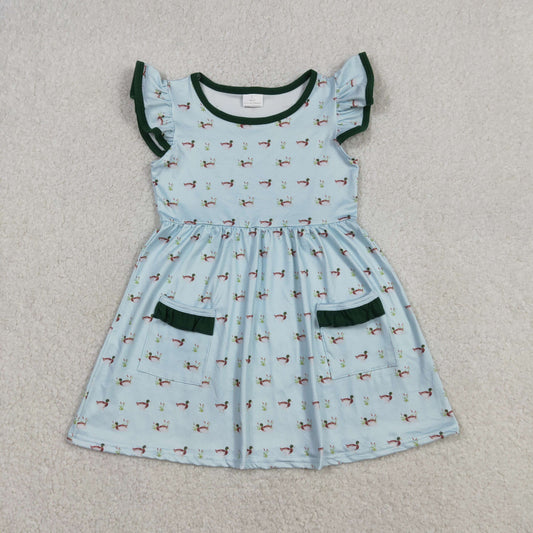 Baby Girls Flutter Sleeve Ducks Pockets Hunting Knee Length Dresses