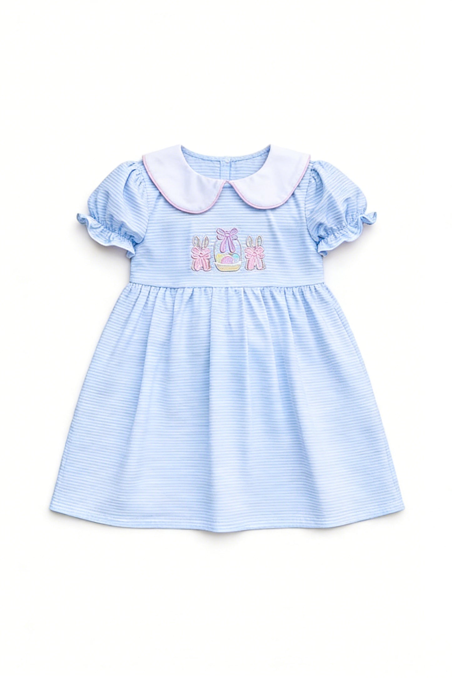Baby Girls Blue Stripe Rabbits Eggs Easter Collar Knee Length Dress Preorder