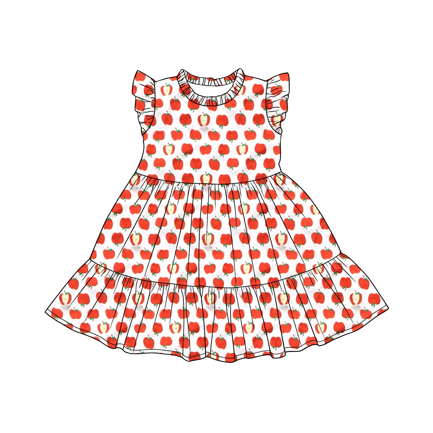 Baby Girls Flutter Sleeve Apples Plaid Patchwork Knee Length Dress Preorder