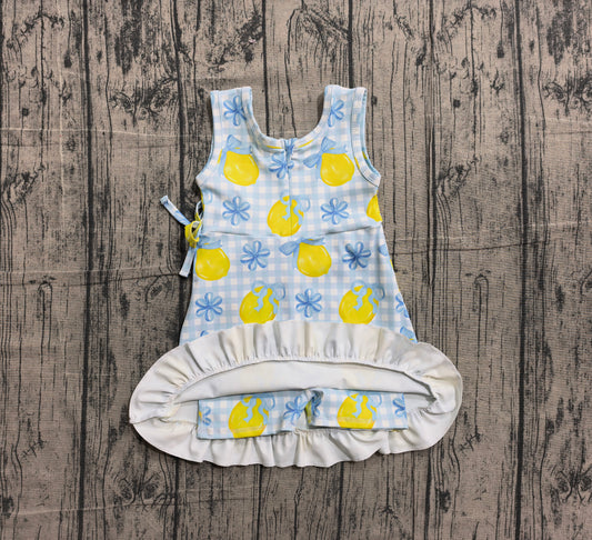 Baby Girls Blue Checked Bows Lemons Yoga Active Scallop Shorts Knee Length Dress Preorder