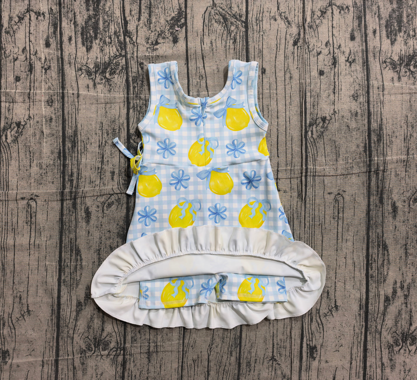 Baby Girls Blue Checked Bow Lemons Back Zip Yoga Active Shorts Ruffle Knee Length Dress