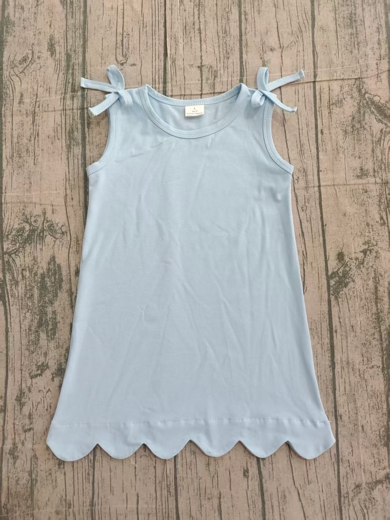 Baby Girls Bows Sleeveless Light Blue Cotton Scallop Knee Length Dresses