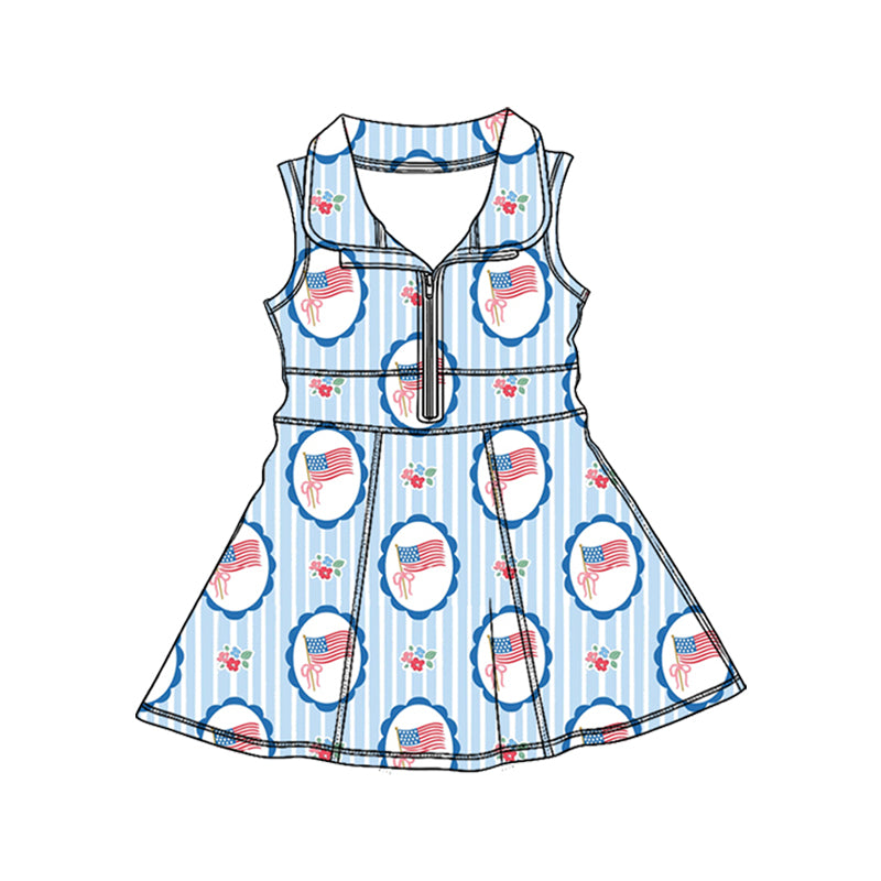Baby Girls Red Blue Flowers Flags 4th of July Yoga Active Knee Length Dresses Preorder