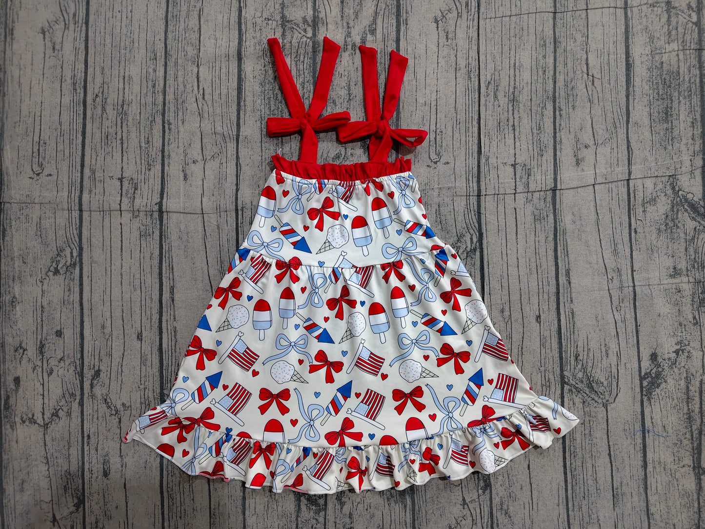 Baby Girls Strap Red Blue Bows Popsicle 4th of July Ruffle Knee Length Dresses