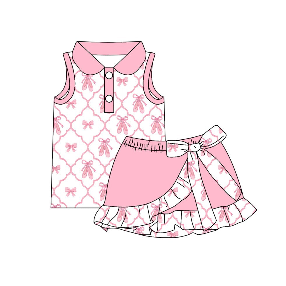 Baby Girls Pink Bows Shoes Checked Button Top Ruffle Skirt Shorts Yoga Active Clothes Set Preorder