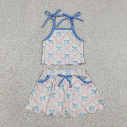 Baby Girls Strap Bow Flowers Top Scallop Pockets Skirt Short Yoga Active Clothes Set