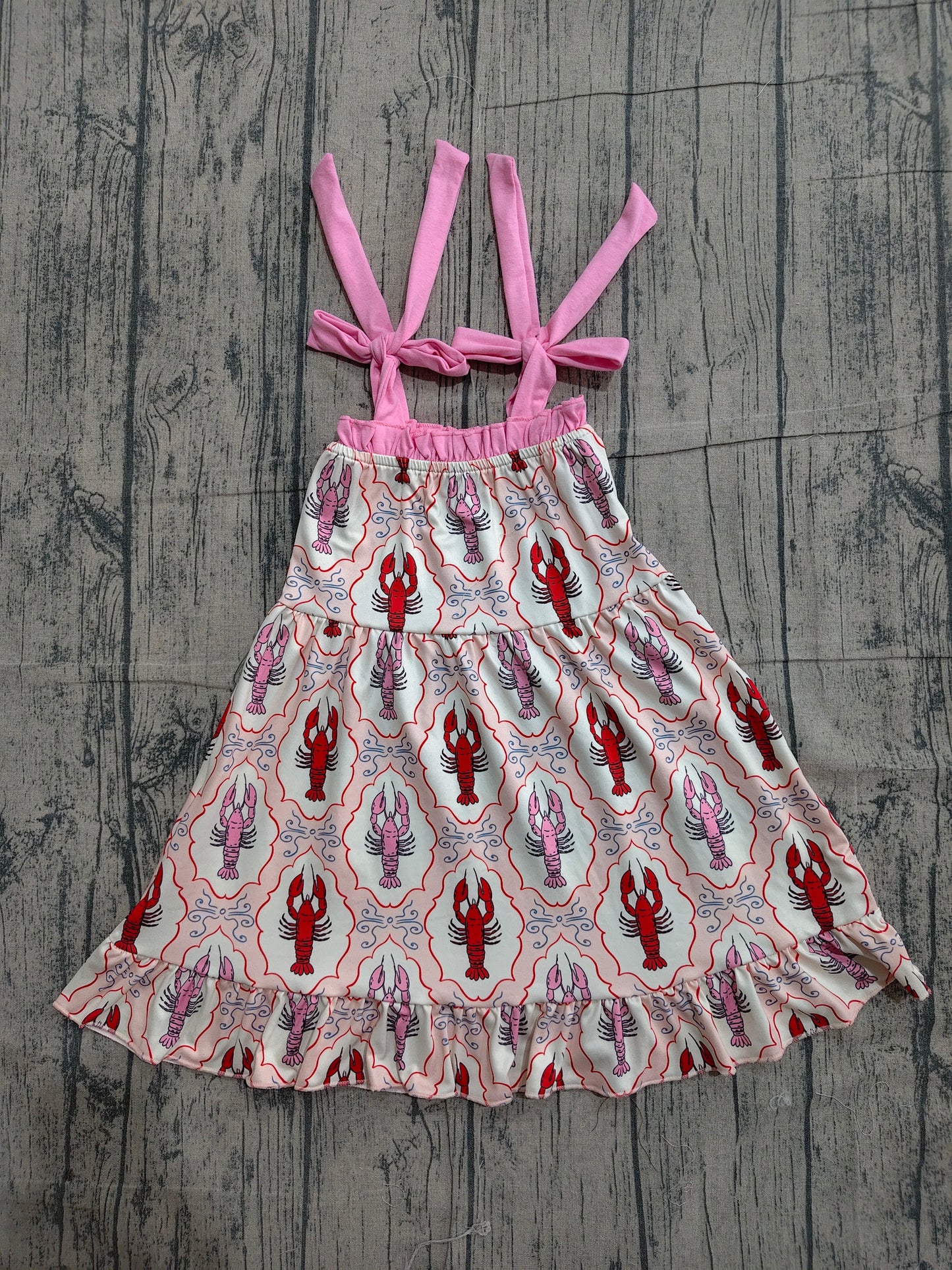 Baby Girls Strap Bows Crayfishes Checked Ruffle Knee Length Dresses