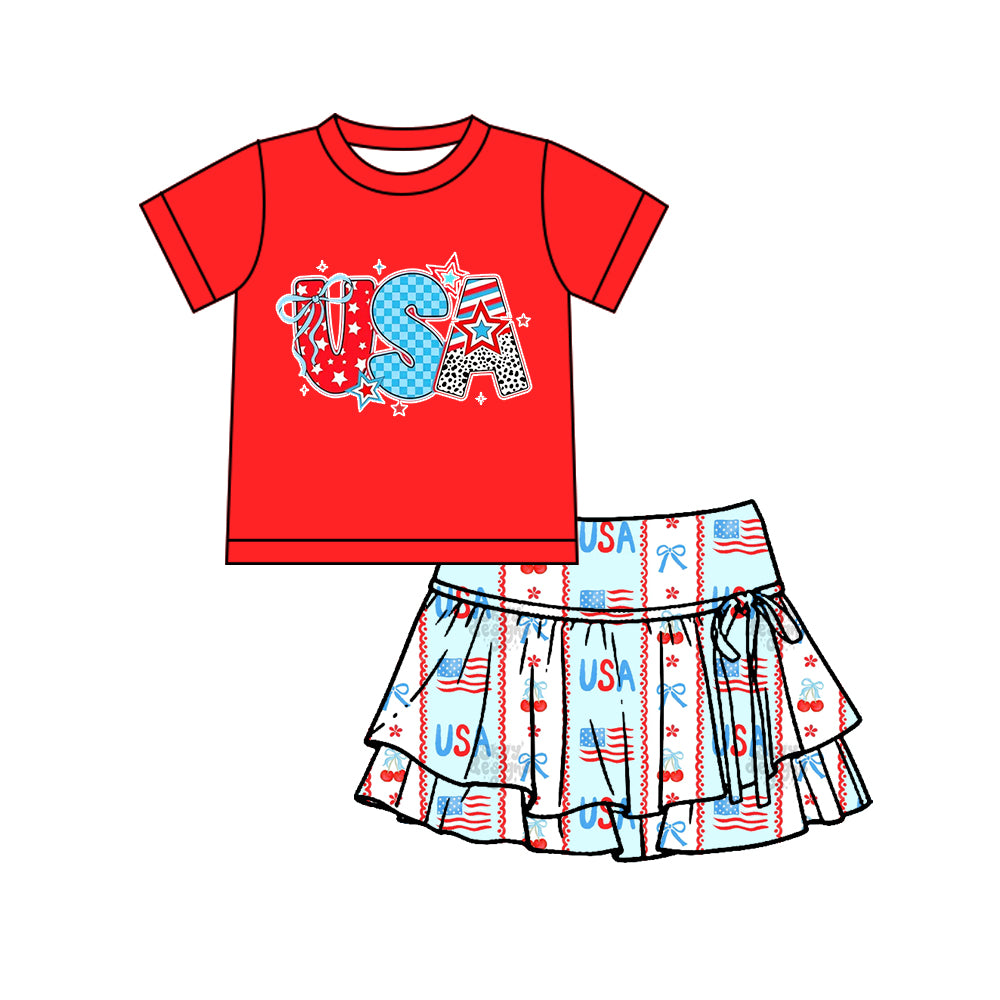 Baby Girls Red USA Bows Top Yoga Active Skirt Shorts 4th of July Clothes Set Preorder