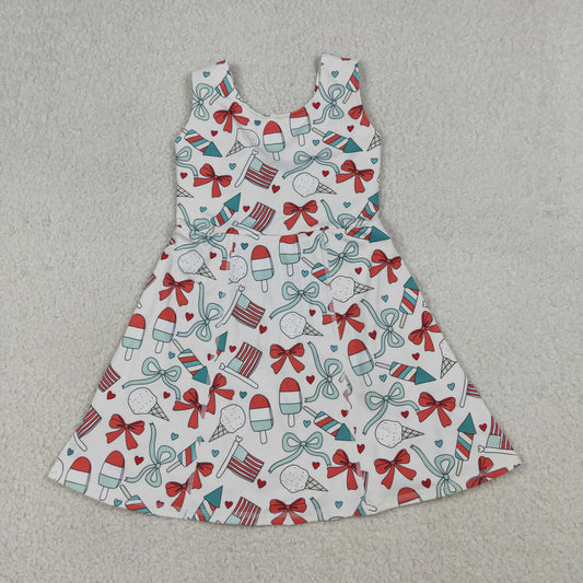 Sibling Baby Girls Red Blue Bows Popsicle 4th of July Yoga Active Shorts Knee Length Dress