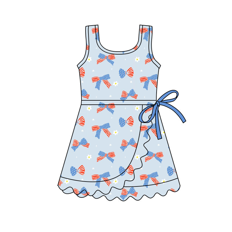 Baby Girls Blue Flower Bows Yoga Active 4th of July Scallop Shorts Knee Length Dress Preorder