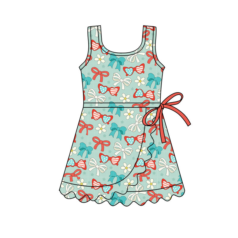 Baby Girls Flag Glass Bows Yoga Active 4th of July Scallop Shorts Knee Length Dress Preorder