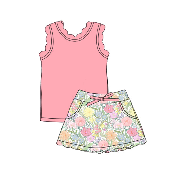 Baby Girls Peach Vest Colorful Floral Pockets Skirt Short Yoga Active Clothes Set Preorder