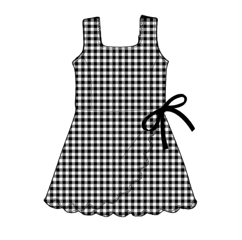Baby Girls Black Checked Sleeveless Yoga Active Scallop Shorts Knee Length Dresses Preorder