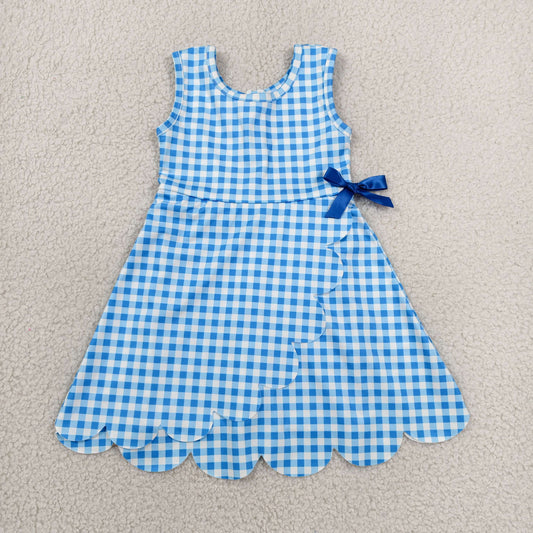 Baby Girls Blue Checked Sleeveless Yoga Active Shorts Scallop Knee Length Dresses