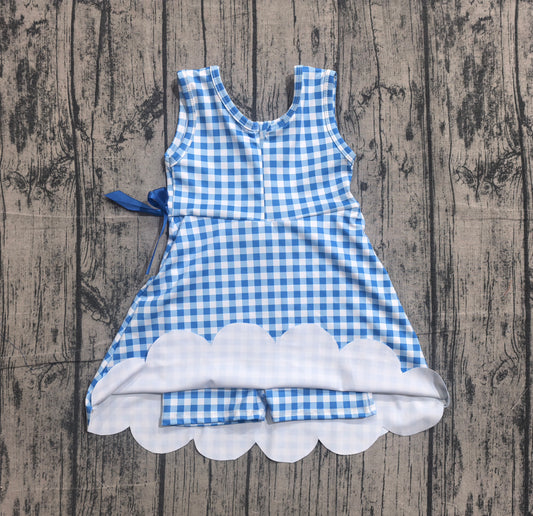 Baby Girls Blue Checked Sleeveless Yoga Active Scallop Shorts Knee Length Dresses Preorder