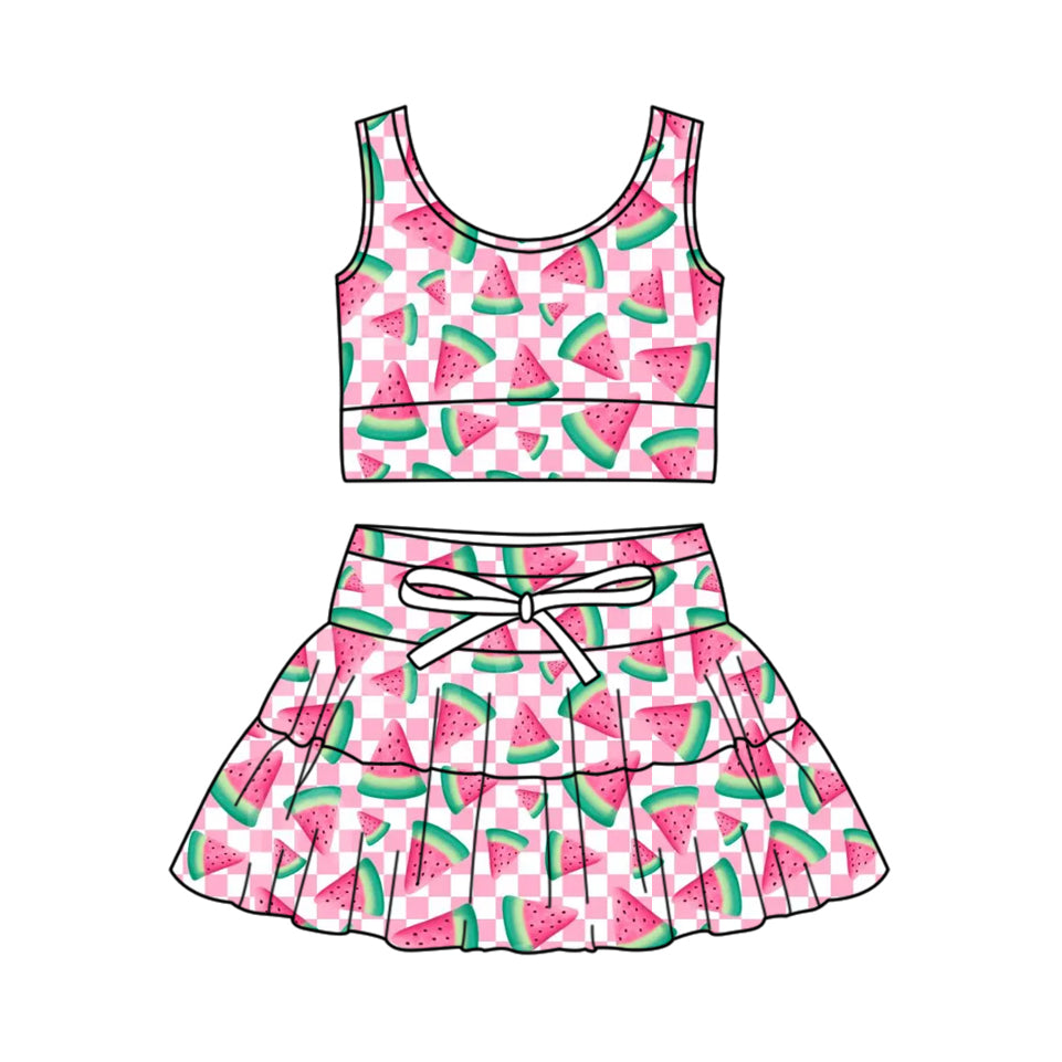 Baby Girls Pink Checked Watermelons Vests Skirt Short Yoga Active Clothes Set Preorder