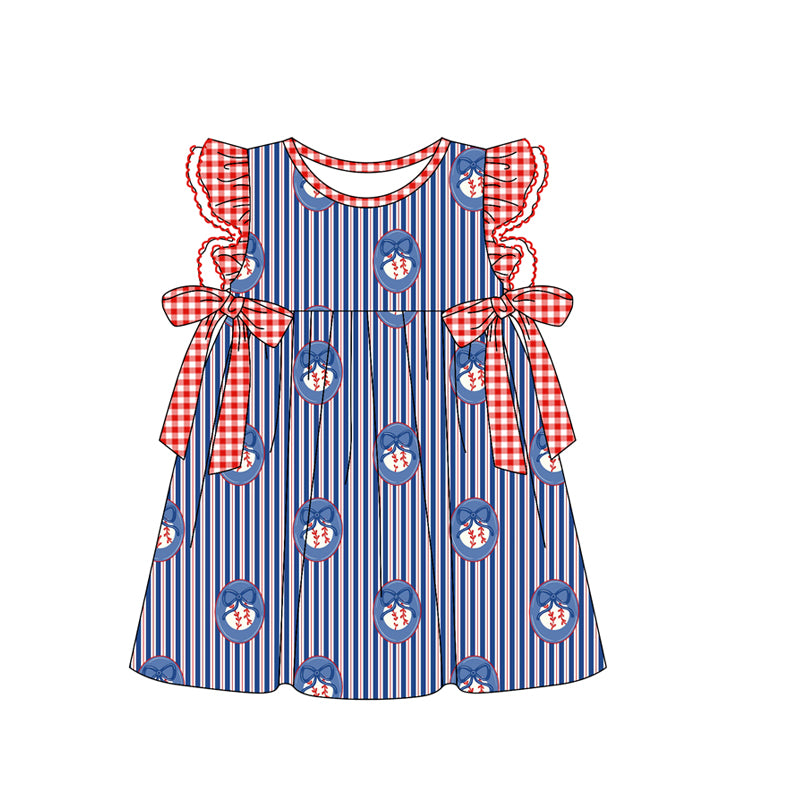 Baby Girls Flutter Sleeve Blue Stripe Bow Baseballs Team Knee Length Dresses Preorder