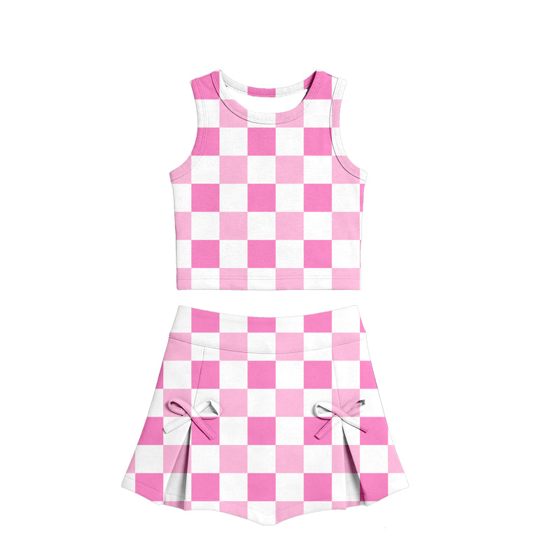 Baby Girls Pink Checked Vests Top Bows Skirt Short Yoga Active Clothes Set Preorder