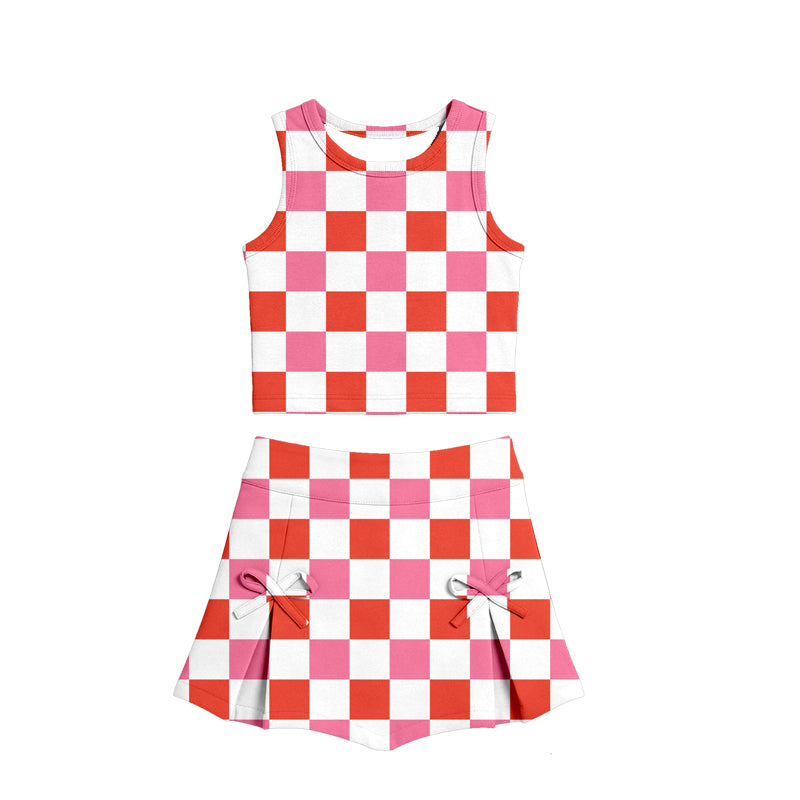 Baby Girls Peach Checked Vests Top Bows Skirt Short Yoga Active Clothes Set Preorder
