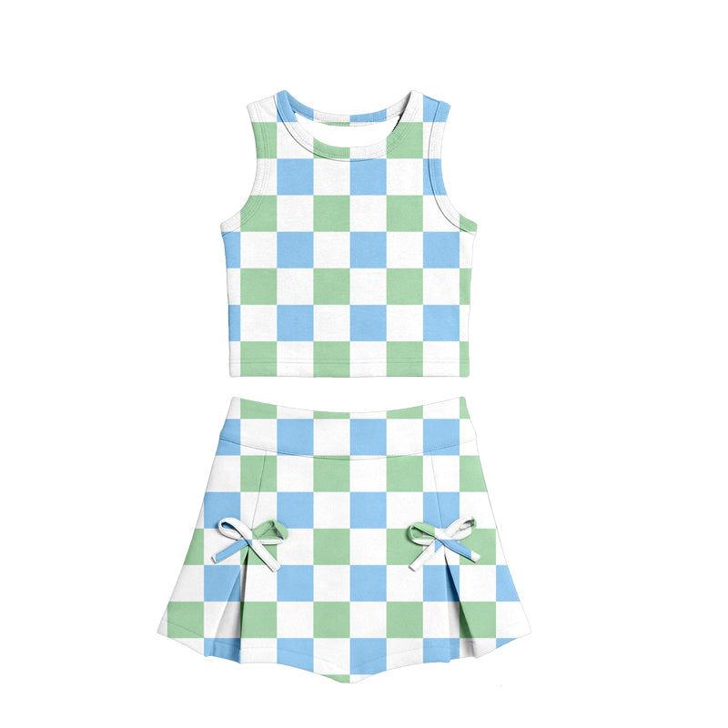Baby Girls Green Checked Vests Top Bows Skirt Short Yoga Active Clothes Set Preorder