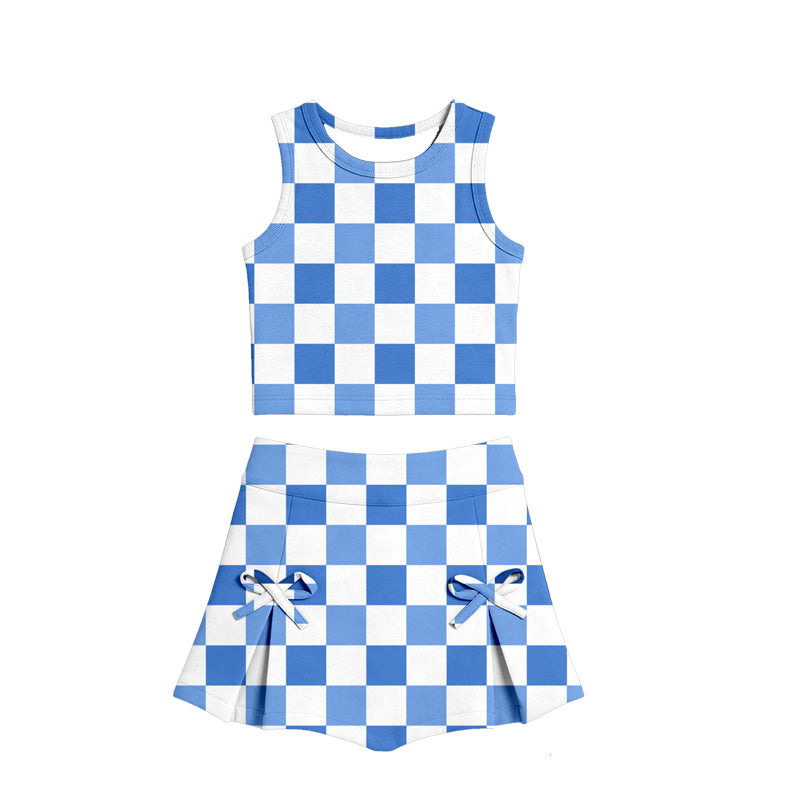 Baby Girls Blue Checked Vests Top Bows Skirt Short Yoga Active Clothes Set Preorder