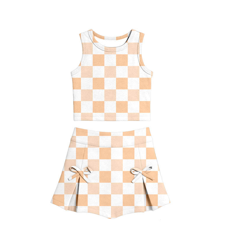 Baby Girls Orange Checked Vests Top Bows Skirt Short Yoga Active Clothes Set Preorder