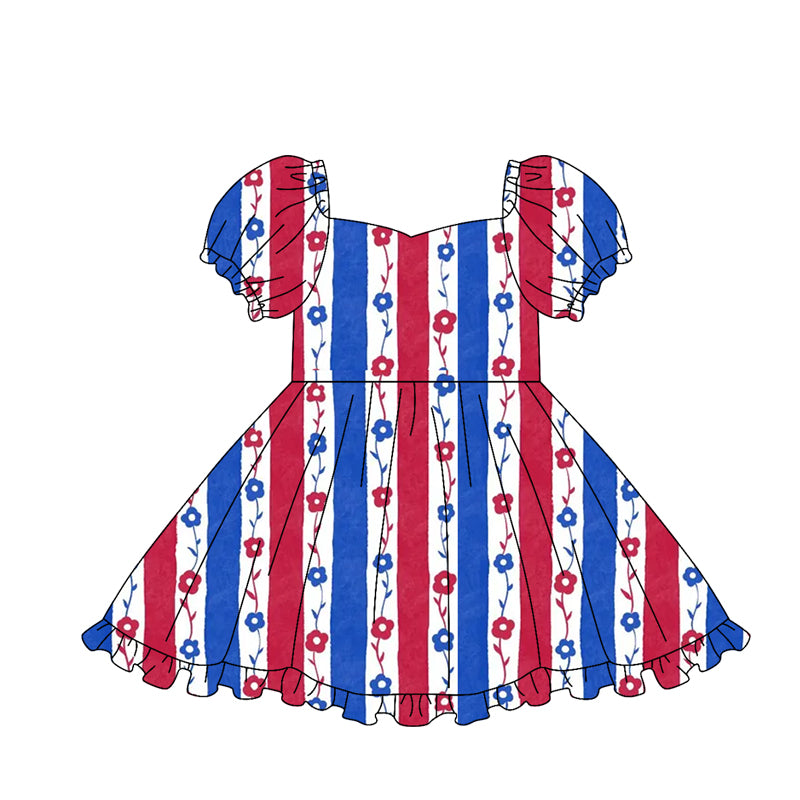 Baby Girls Flowers Stripe 4th of July Ruffle Knee Length Dresses Preorder