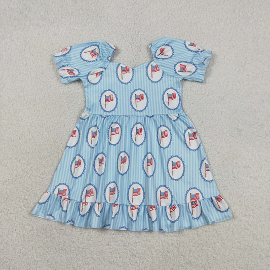 Baby Girls Blue Stripe Bow Flags 4th of July Ruffle Knee Length Dresses