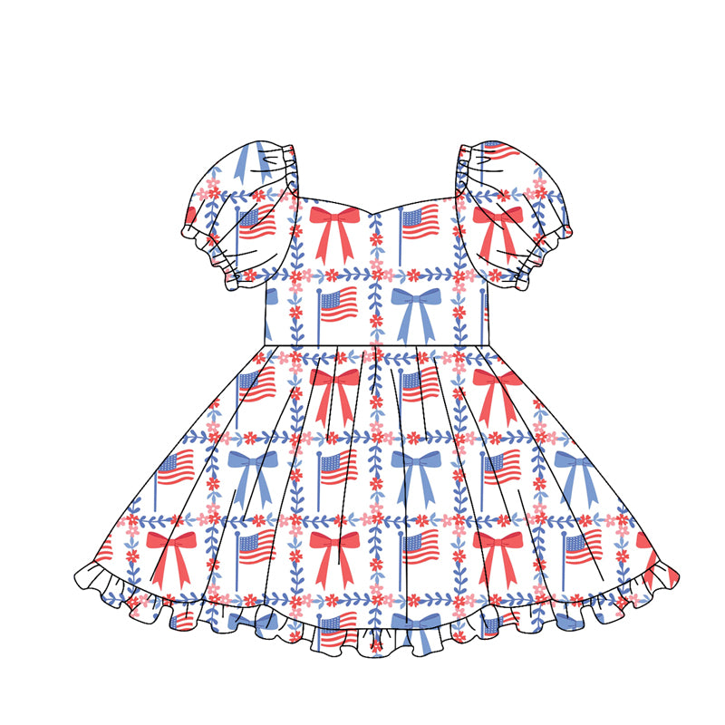 Baby Girls Bows Flags Checked 4th of July Ruffle Knee Length Dresses Preorder