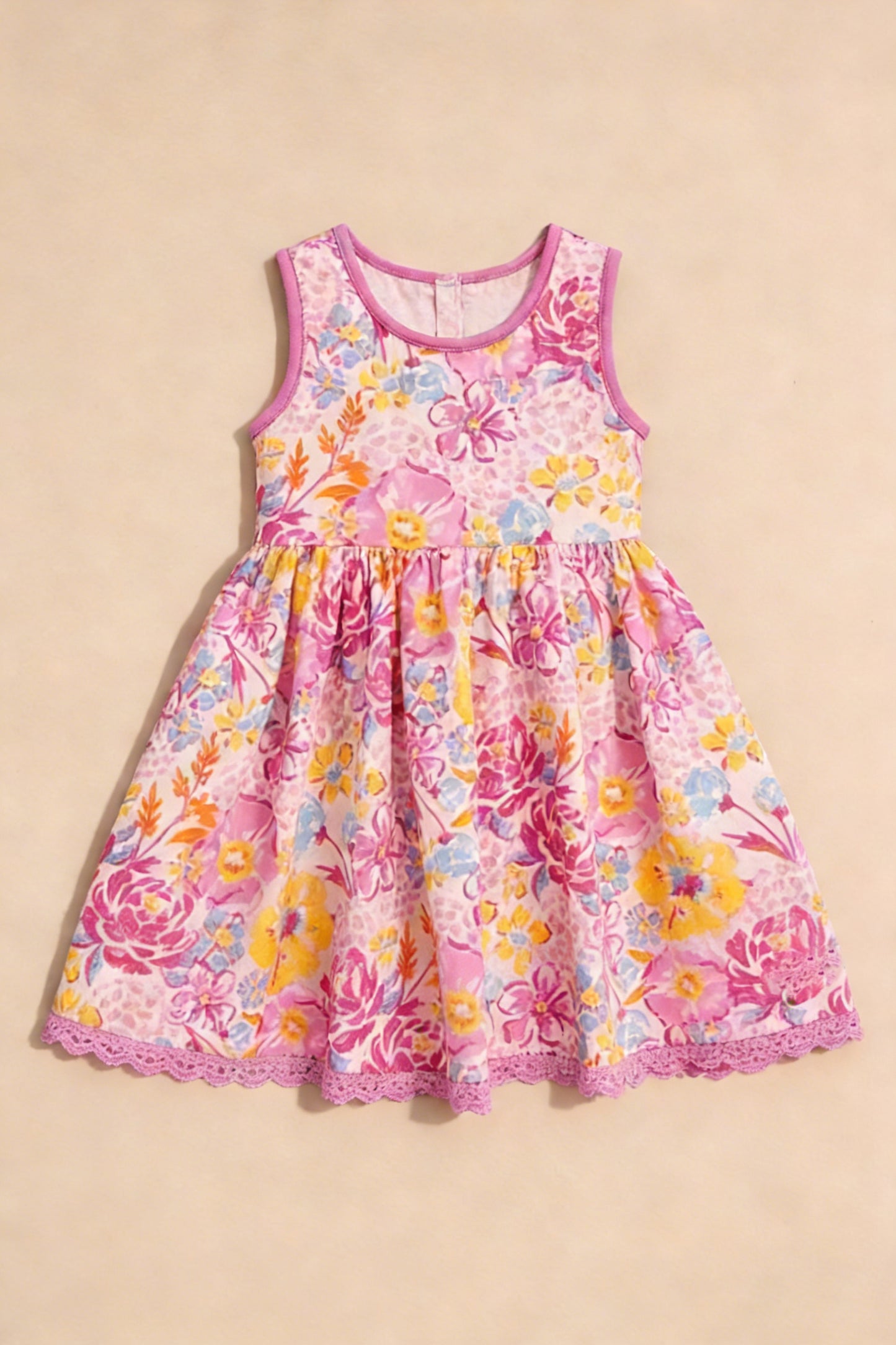 Baby Girls Sleeveless Colorful Flowers Ruffle Knee Length Dresses Preorder