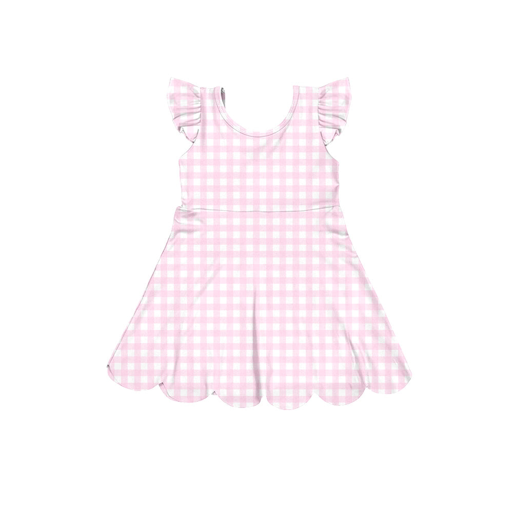 Baby Girls Pink Checked Yoga Active Scallop Knee Length Dresses Preorder