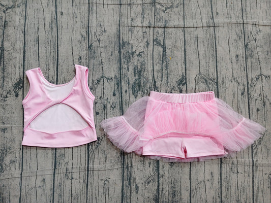 Baby Girls Pink Sleeveless Back Bow Vests Tassel Skirt Short Yoga Active Clothes Set Preorder