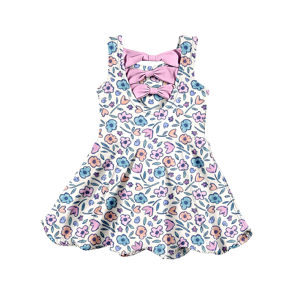 Baby Girls Colorful Flower Bows Top Yoga Active Scallop Short Knee Length Dress Preorder
