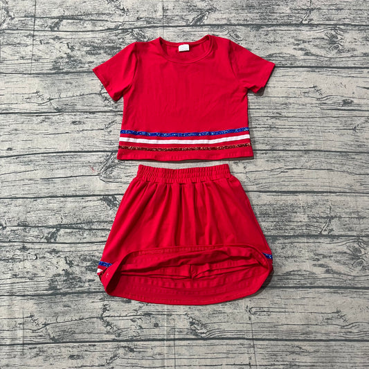 Baby Girls Red Short Sleeve Stripe Top Skirt Shorts Clothes Sets Preorder