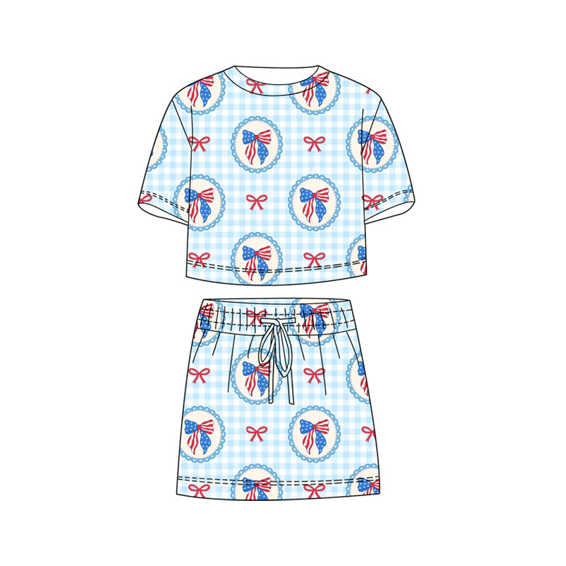 Baby Girls Blue Checked Flag Bows Top Skirt Shorts 4th of July Clothes Sets Preorder