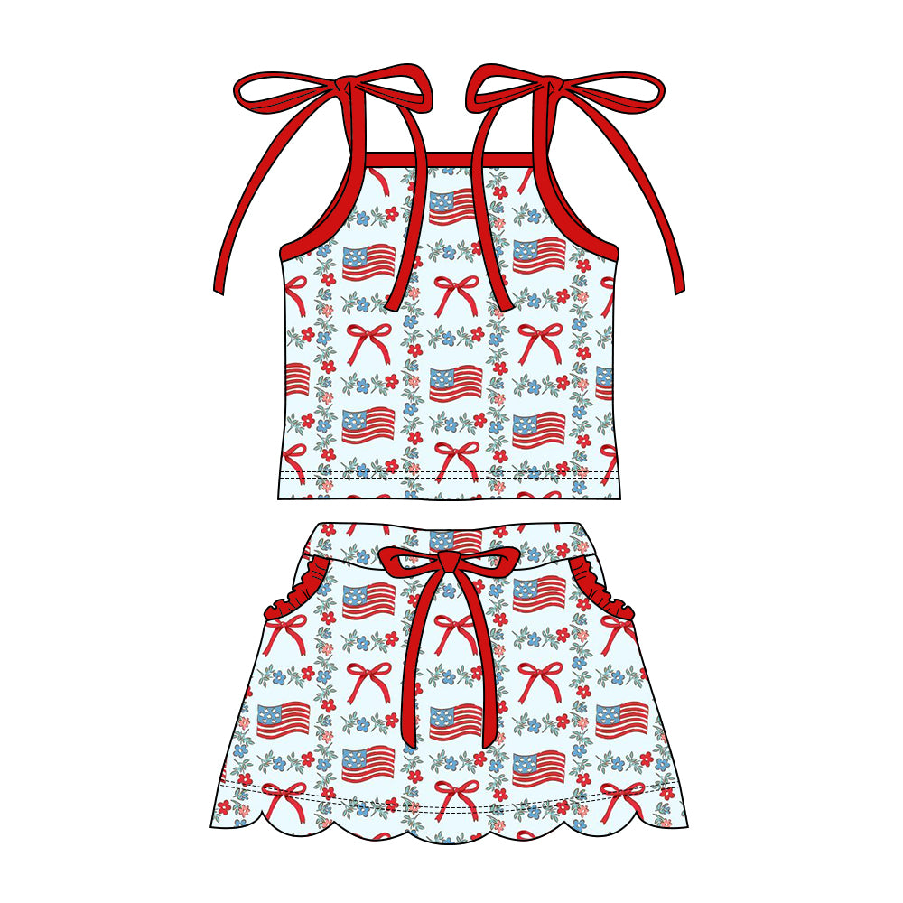 Baby Girls Strap Flower Flags Top Pockets Skirt Shorts 4th of July Clothes Sets Preorder
