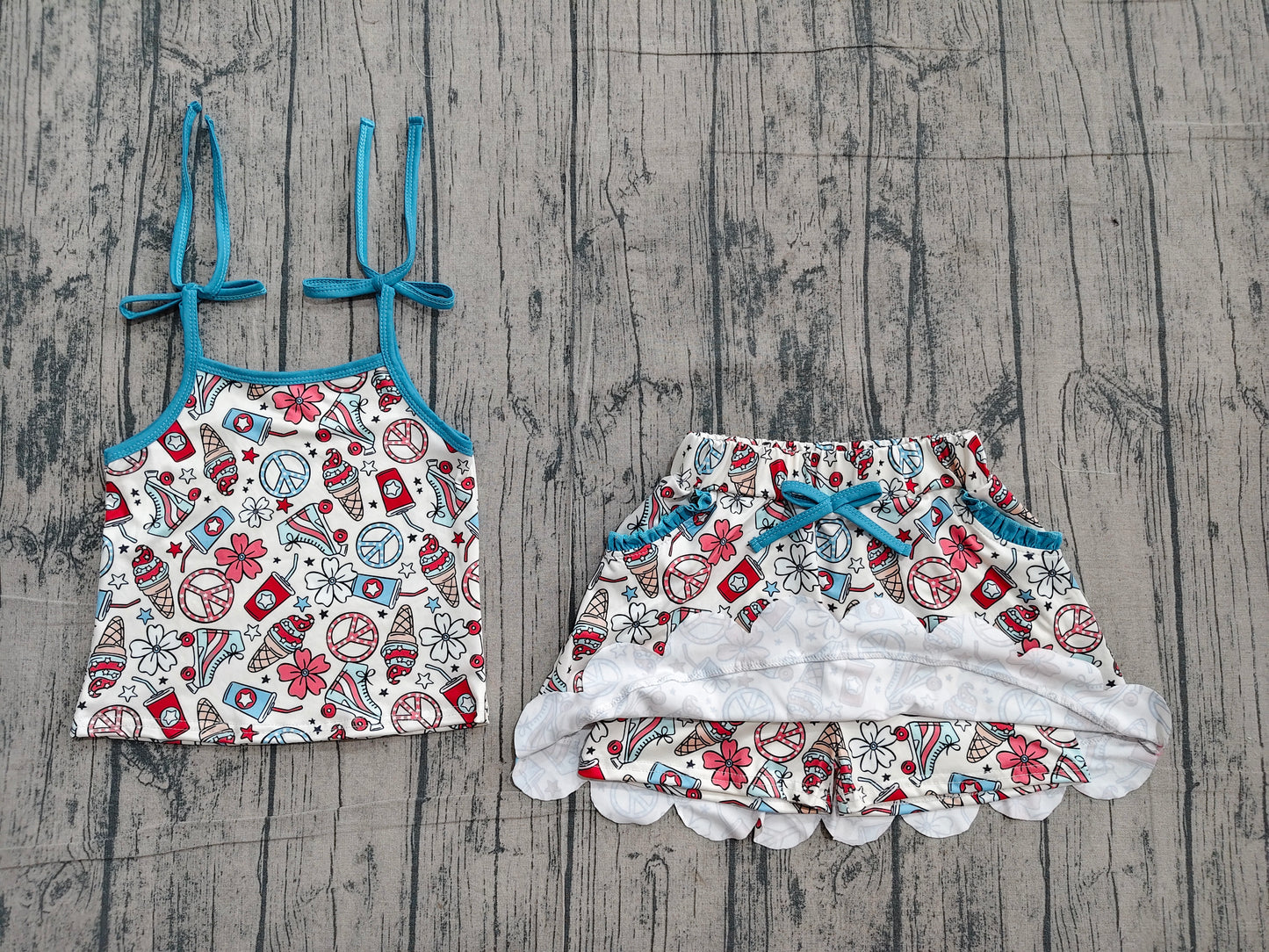 Baby Girls Strap Coffee Ice Cream Top Scallop Pockets Skirt Shorts 4th of July Clothes Sets