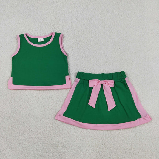 Baby Girls Green Pink Sleeveless Vest Top Bows Skirt Shorts Clothes Sets