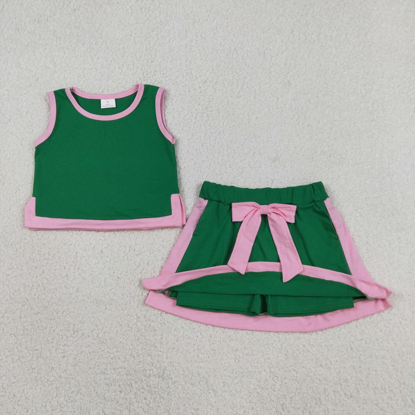 Sibling Baby Girls Sleeveless Green Pink Top Skirt Shorts Clothes Sets