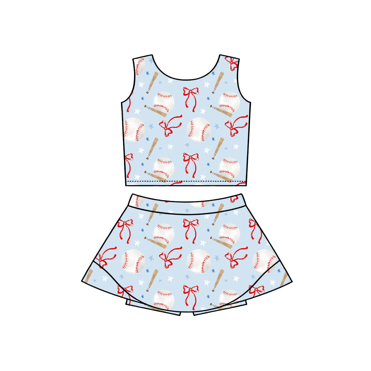 Baby Girls Bows Baseballs Vests Top Skirt Short Team Yoga Active Clothes Set Preorder