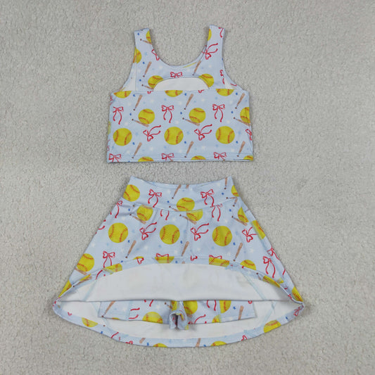 Baby Girls Bows Softballs Vests Top Skirt Short Team Yoga Active Clothes Set