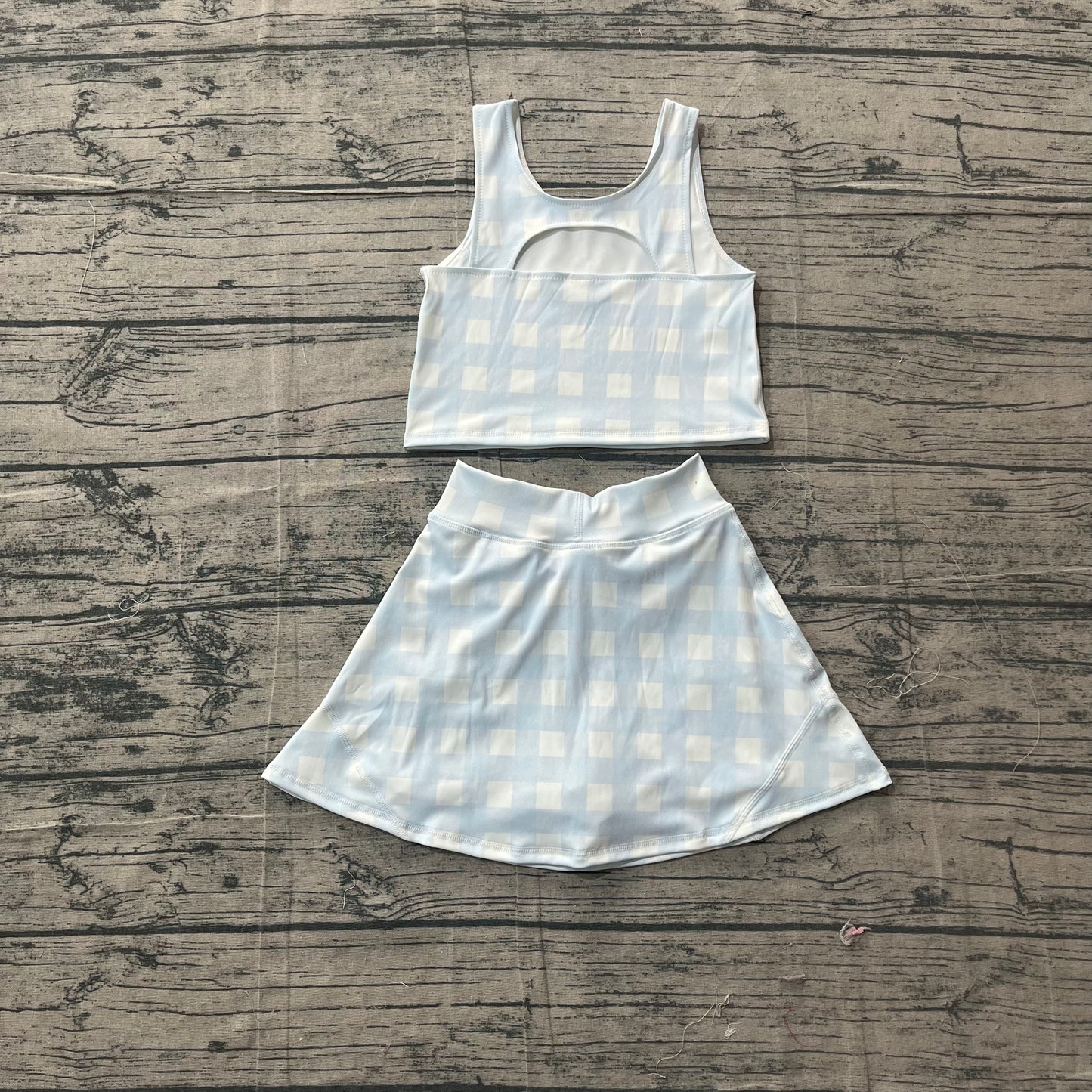 Baby Girls Light Blue Checked Vests Top Skirt Short Yoga Active Clothes Set