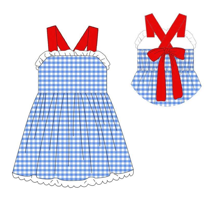 Baby Girls Strap Blue Checked Back Bows 4th of July Knee Length Dress Preorder