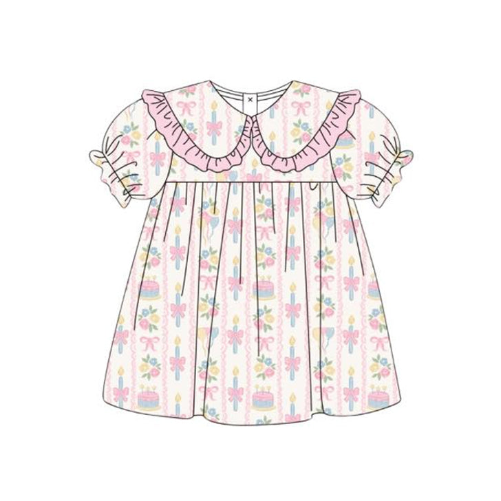 Baby Girls Colorful Bows Flowers Stripe Collar Knee Length Dress Preorder