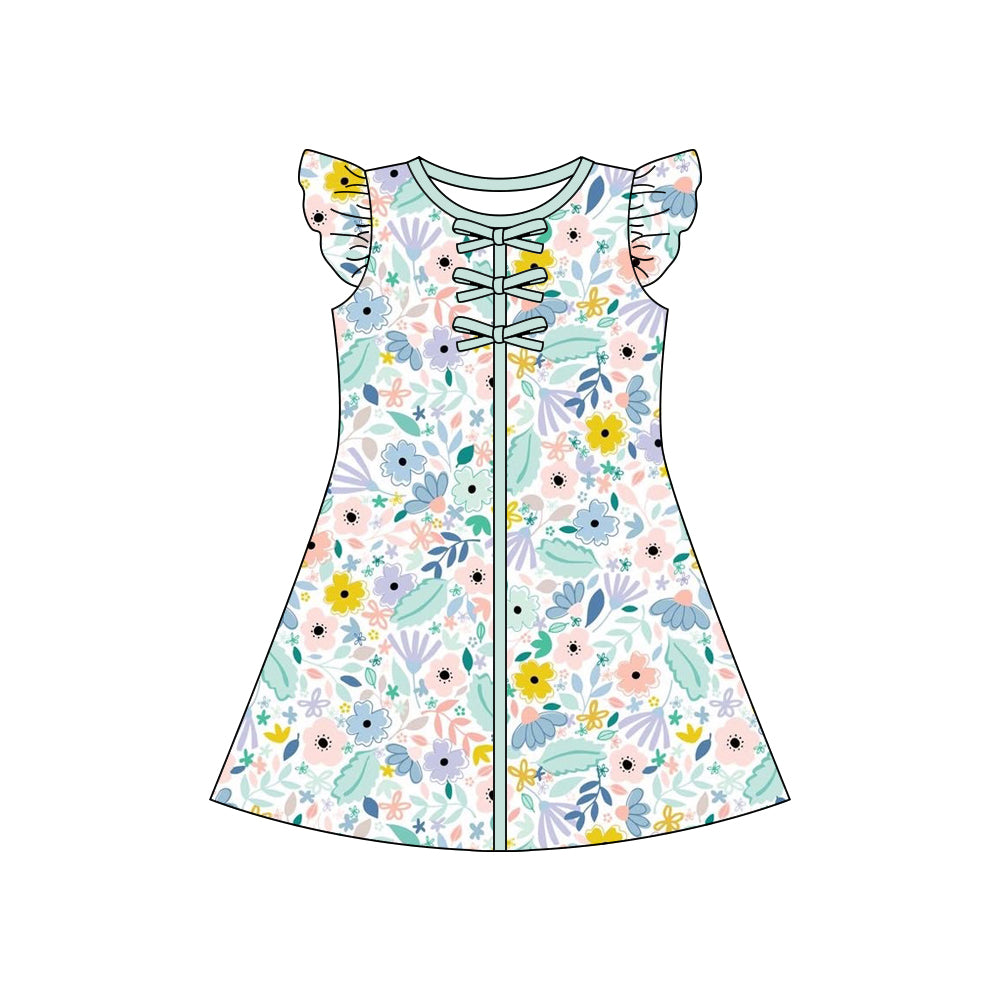 Baby Girls Flutter Sleeve Colorful Flowers Knee Length Dresses Preorder