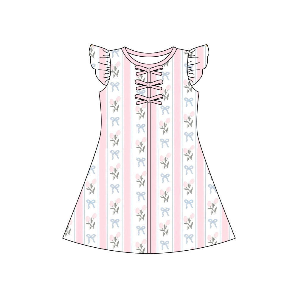 Baby Girls Flutter Sleeve Bows Flowers Stripe Knee Length Dresses Preorder